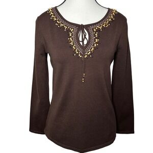 VTG 90s Y2K Womens Chocolate Brown Bell Sleeve Beaded‎ Keyhole Sweater Top PS